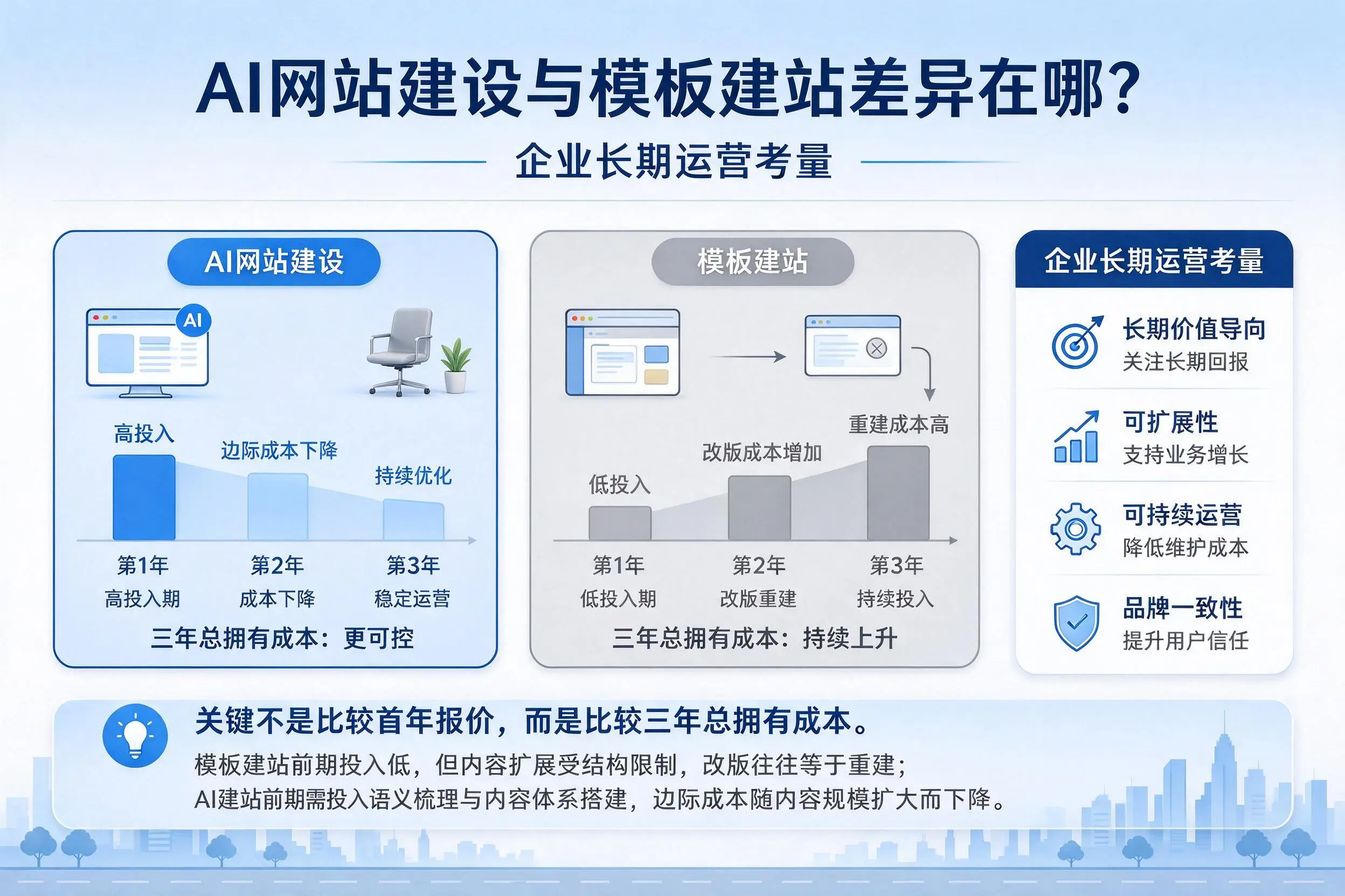 AI网站建设与模板建站差异在哪？岳阳企业长期运营考量